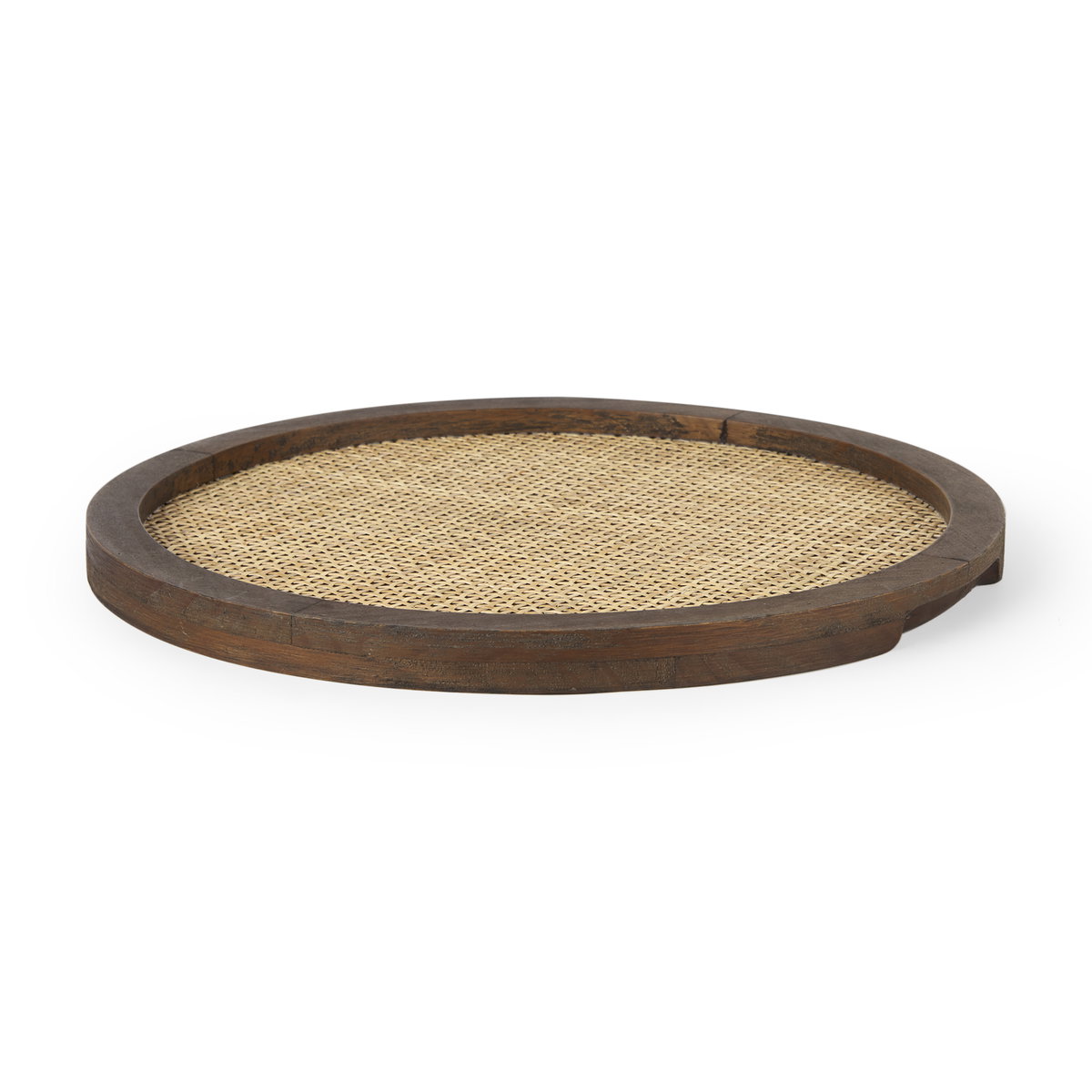 Silas Cane and Medium Brown Wood Round Tray, Decorative Tray by Mercana, 15.75" length x 15.75" width x 0.98" height View 1