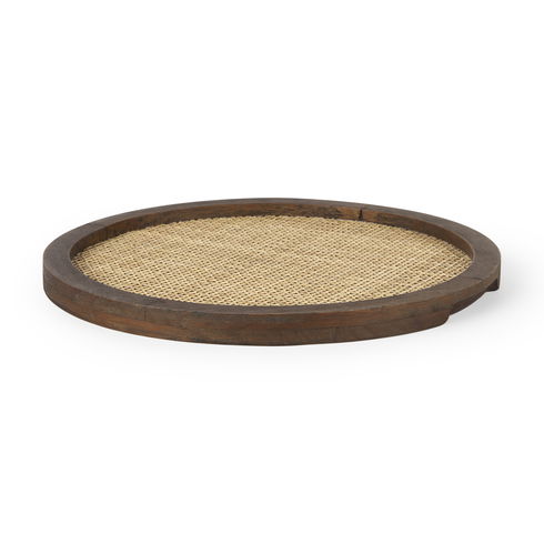 Silas Cane and Medium Brown Wood Round Tray