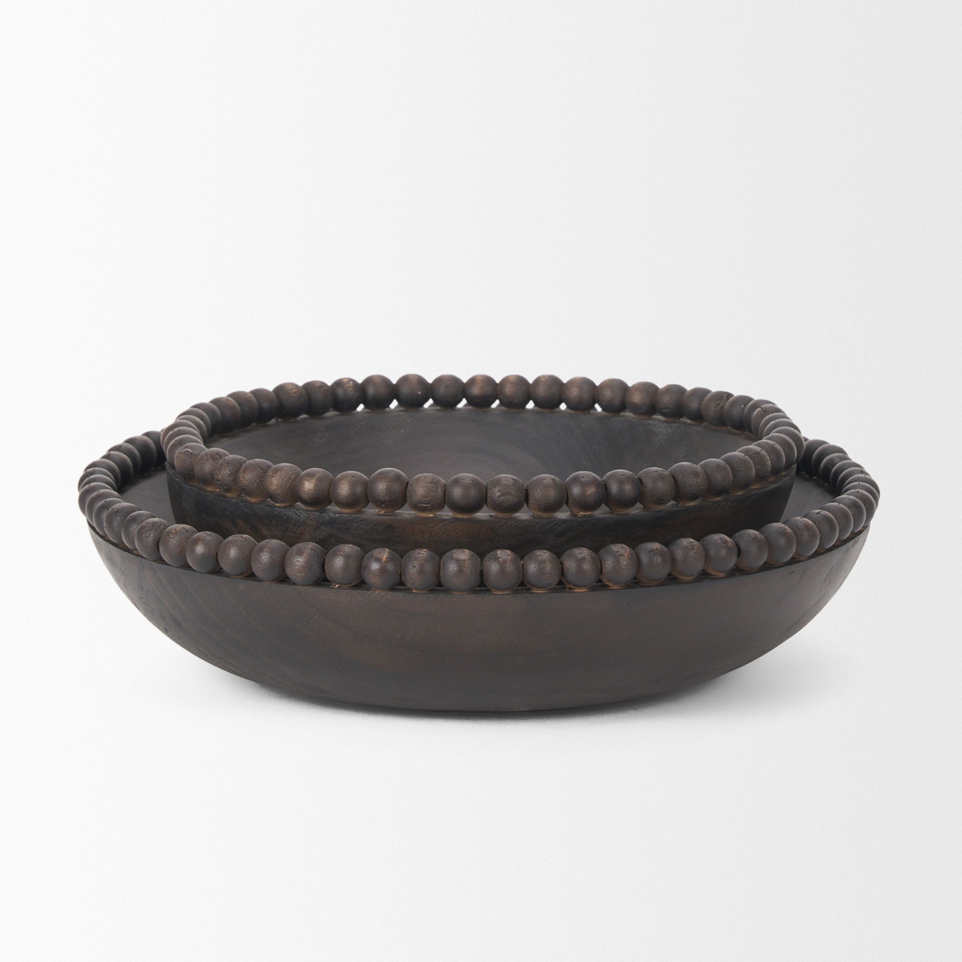 Wendell Dark Brown Wood with Wood Beads Round Bowls, Decorative Bowl by Mercana, 12" length x 12" width x 3" height View 5