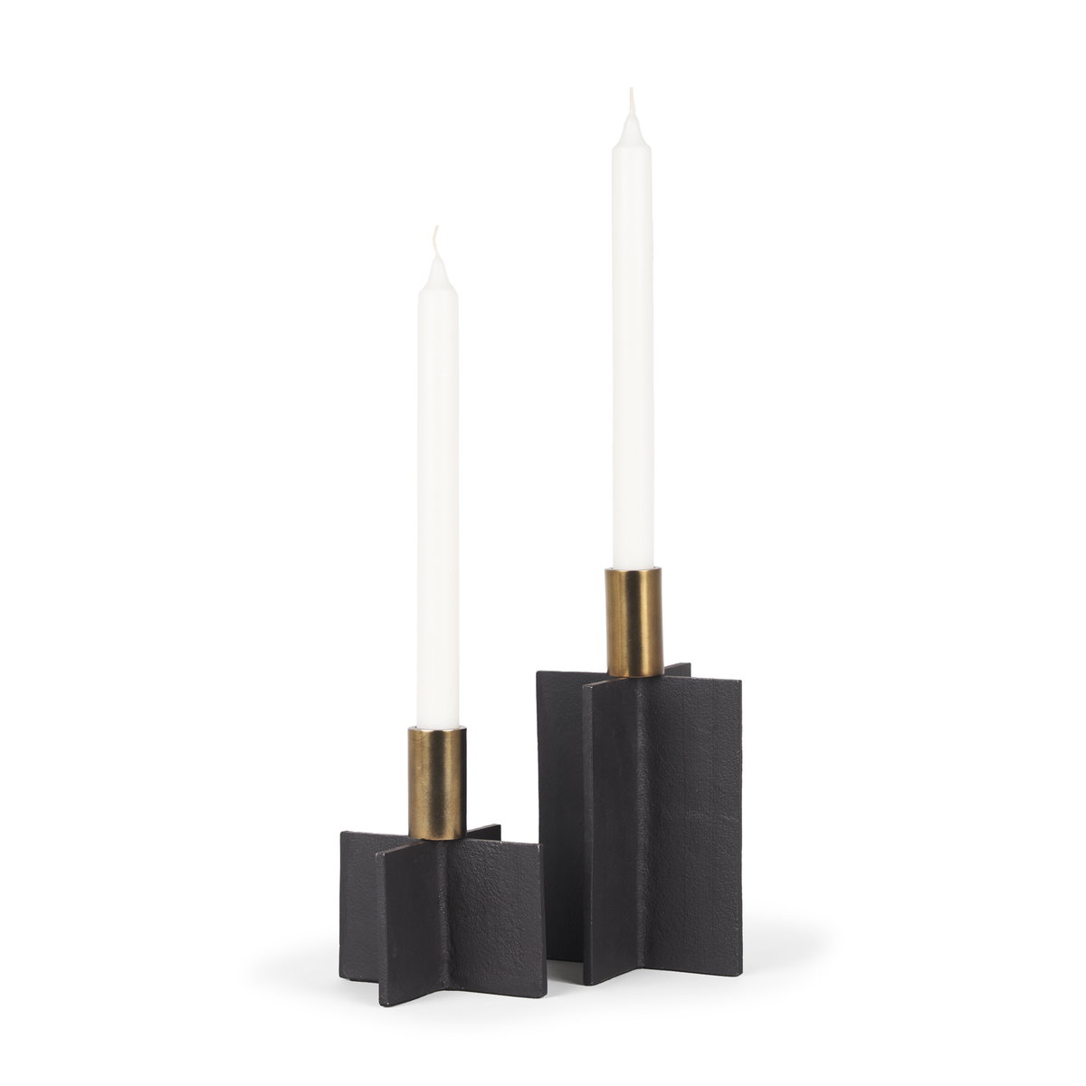 Pia Matte Black with Brushed Gold Metal Taper Candleholder (Set of 2), Candles & Candle Holder by Mercana, 4.75" length x 4.75" width x 8.25" height View 1