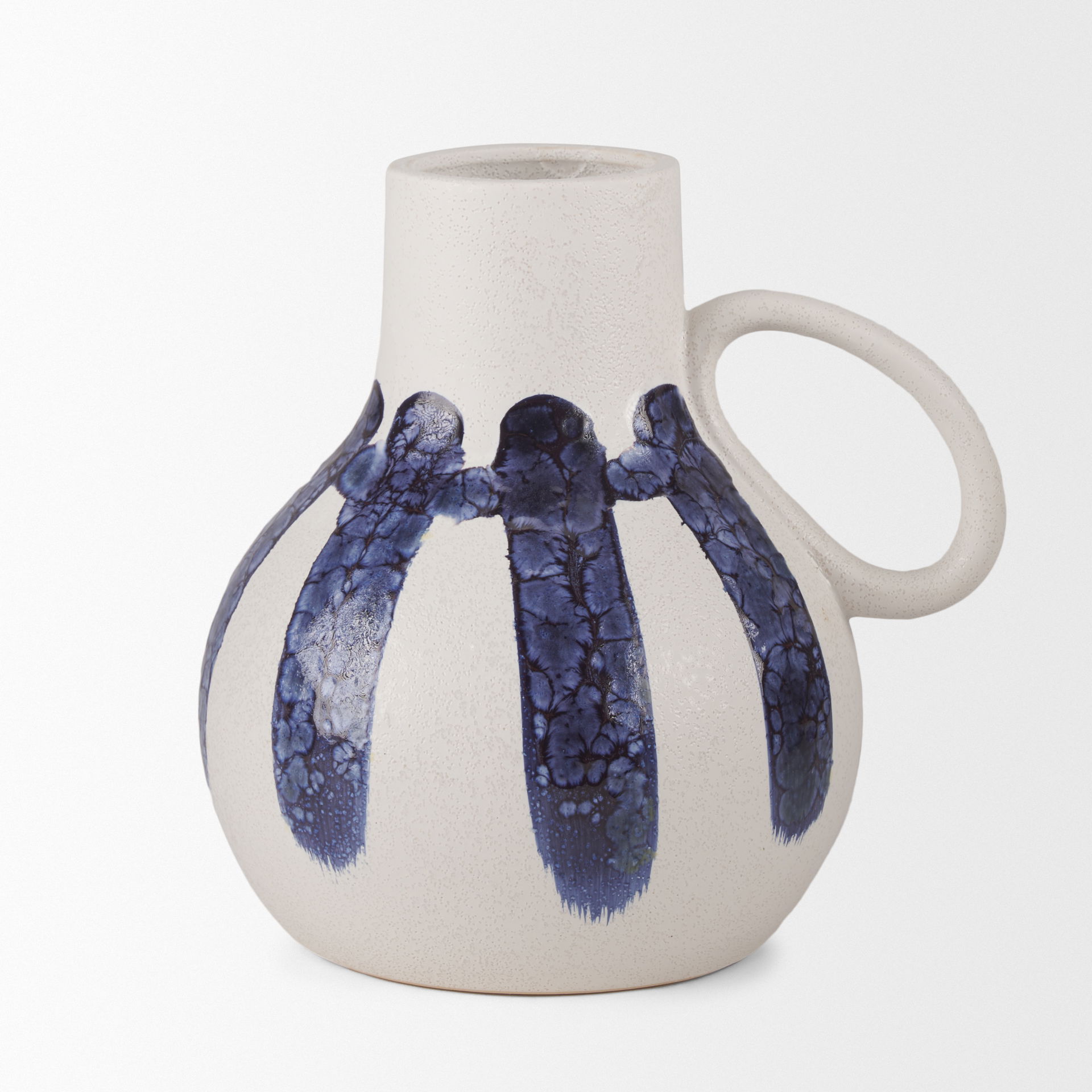 Truett White with Blue Stripes Ceramic Jug Vase, Decorative Jar by Mercana, 10.43" length x 8.66" width x 10.04" height View 2