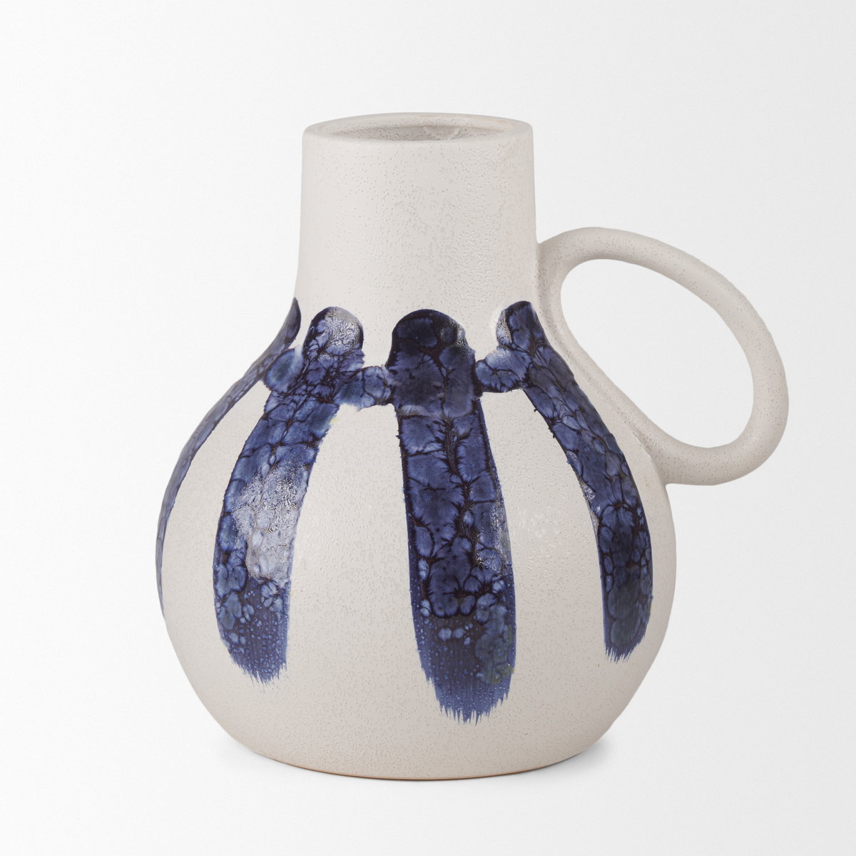 Truett White with Blue Stripes Ceramic Jug Vase, Decorative Jar by Mercana, 10.43" length x 8.66" width x 10.04" height View 2