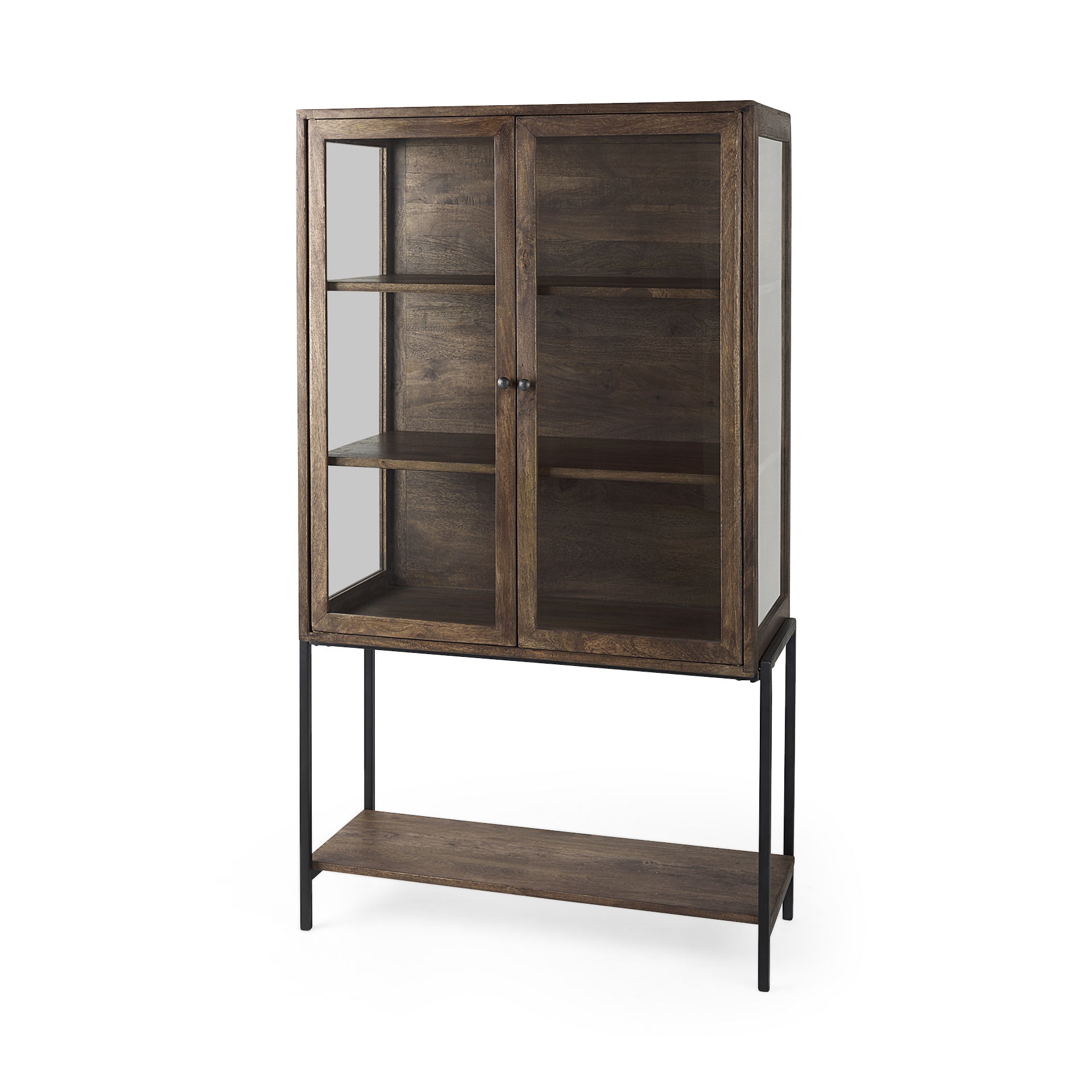 Arelius 36L x 18.75W x 63H Medium Brown Wood with Black Metal Base Display Cabinet, Cabinets & Sideboard by Mercana, 36" length x 18.75" width x 63" height View 1