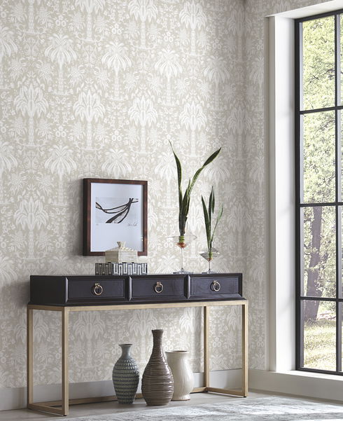Palmetto Palm Damask Beige Wallpaper