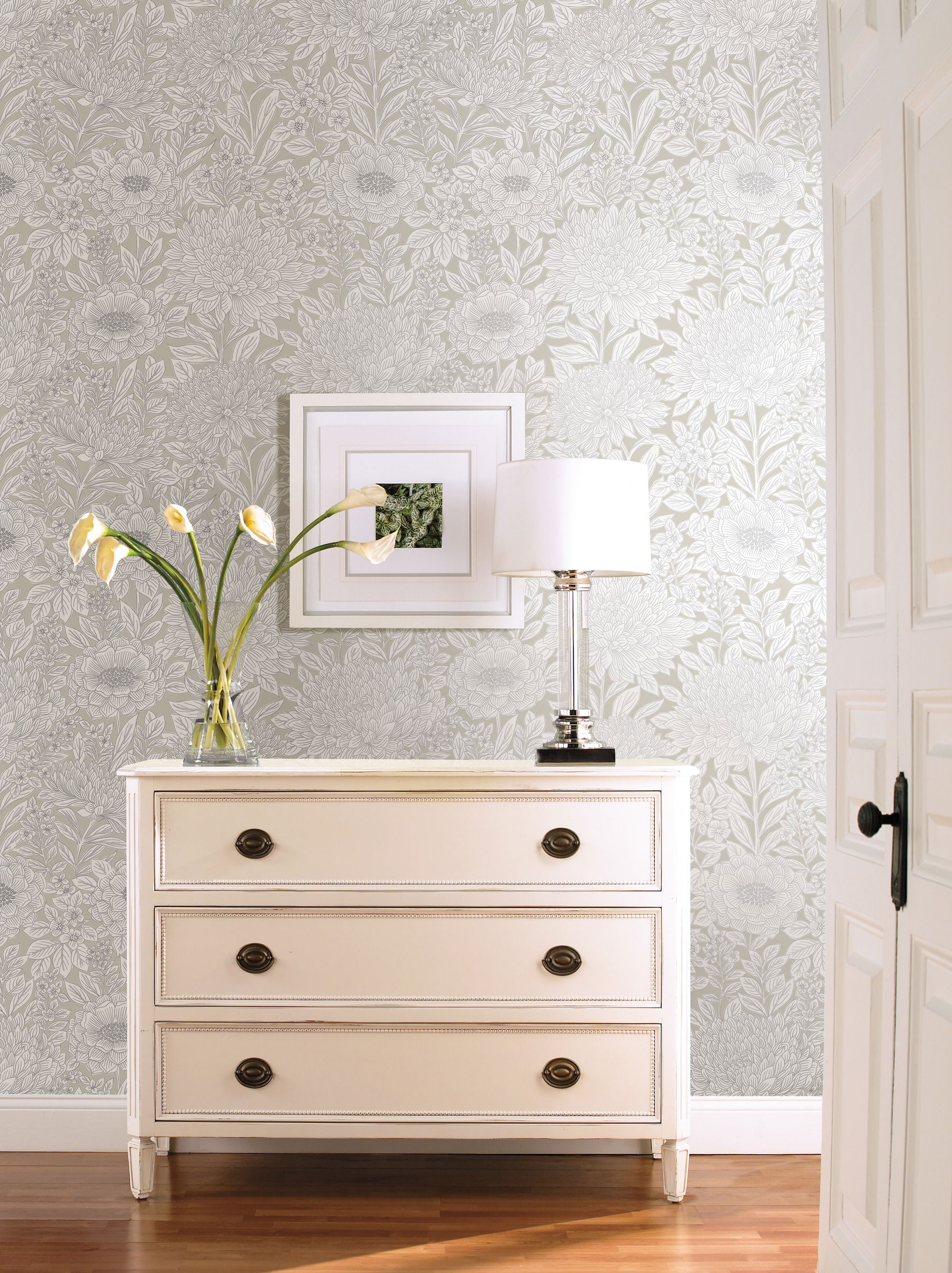 Wood Block Blooms Taupe & Silver Wallpaper Wood Block Blooms Taupe & Silver Wallpaper large image