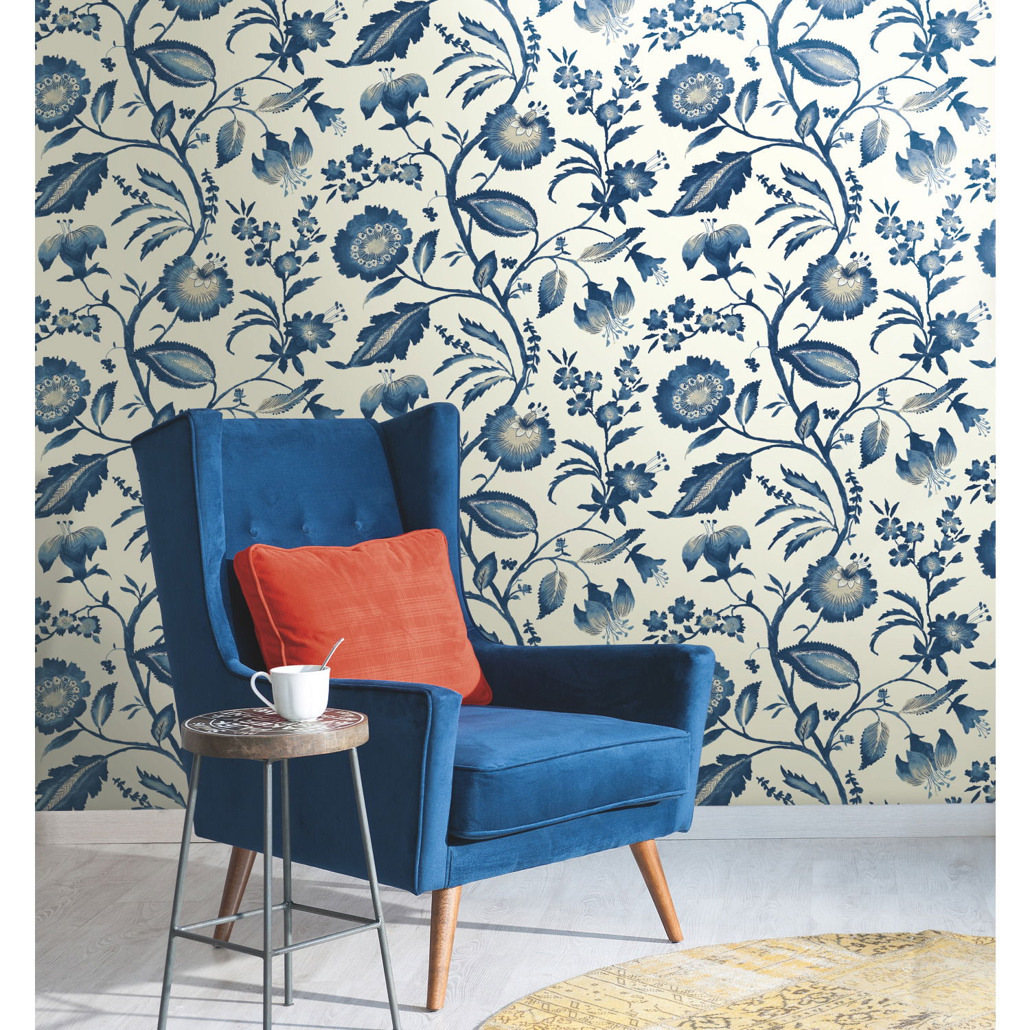 Watercolor Jacobean Blue & White Wallpaper large image 