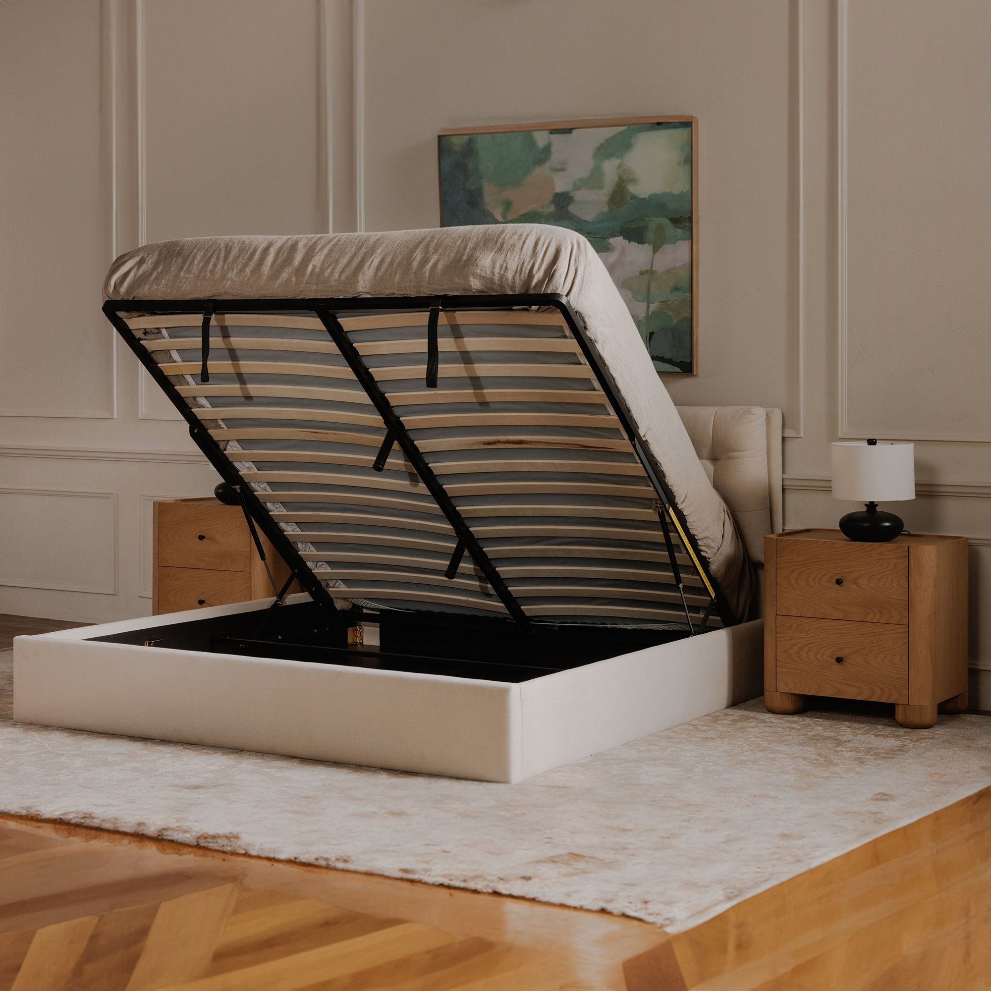 Sebastion King Storage Bed Cream, by Moe's Home, 80.31" width x 44.88" height x 85.43" depth View 10