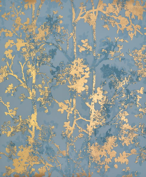 Shimmering Foliage Blue & Gold Wallpaper