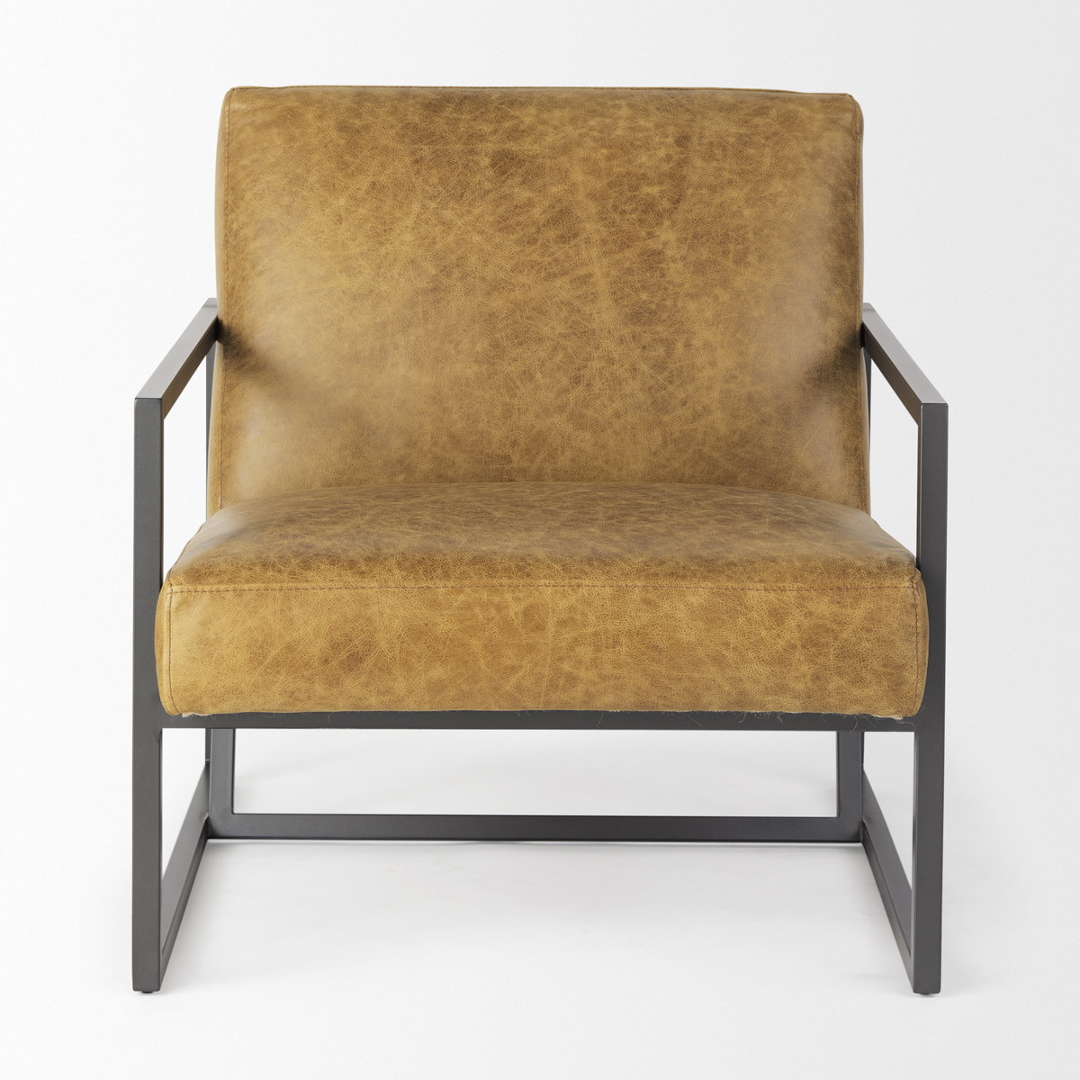 Armelle II Brown Leather Seat with Gray Metal Frame Accent Chair, by Mercana, 28.35" length x 33.07" width x 29.92" height View 4