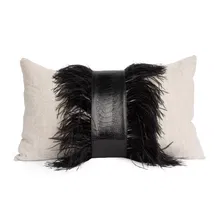 Online Designer Combined Living/Dining Linen Lumbar Pillow with Ostrich Feather Trim