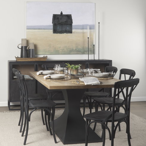 Maxton 79"L x 39"W Rectangular Pedestal Dining Table | Light Brown Wood & Gunmetal Metal | Seats 6