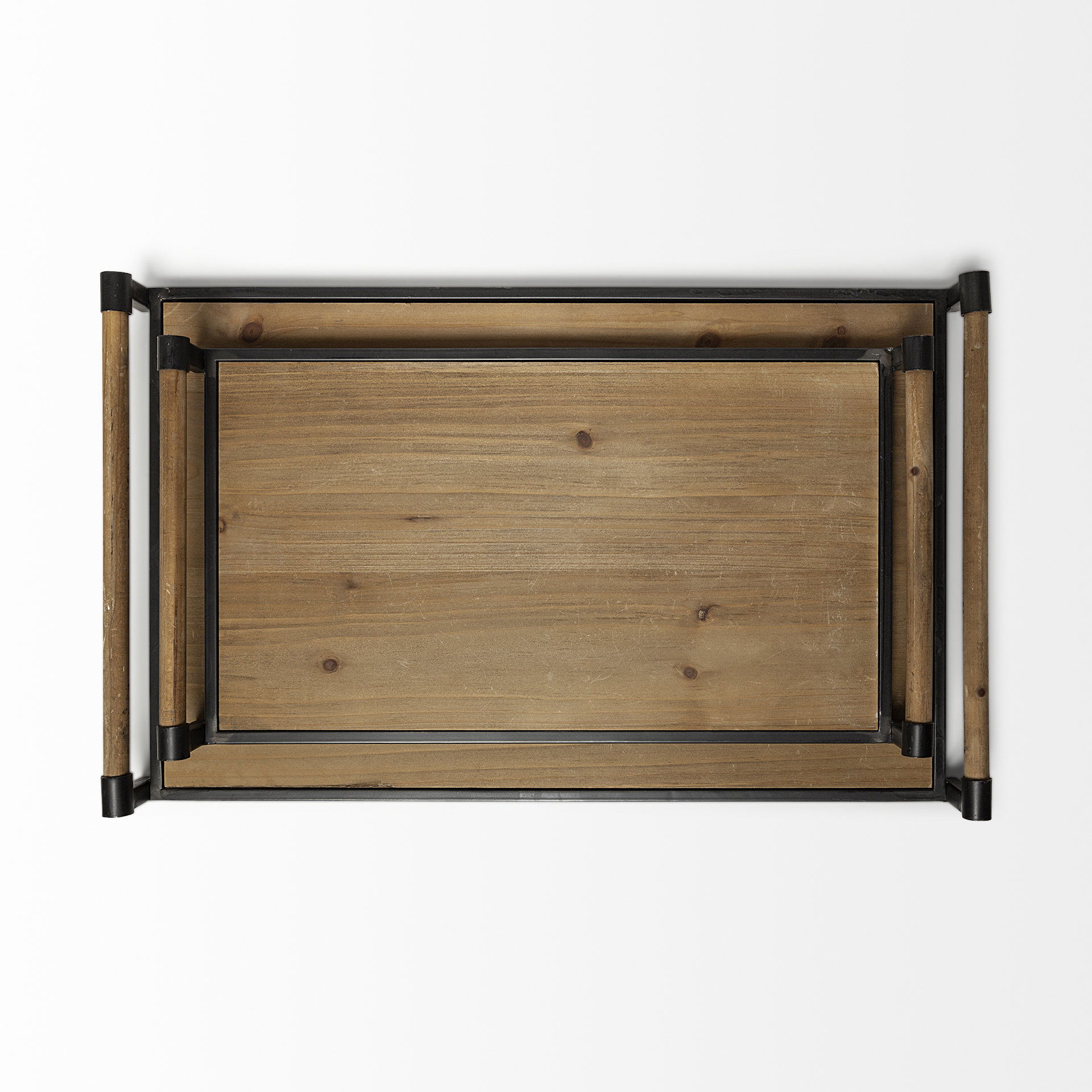 Benson Set of 2 Brown Wood Black Metal Trays large image 