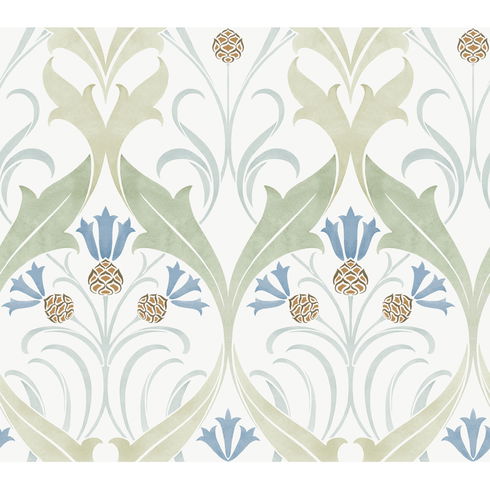 Pine Cone Ribbon Green & Blue Metallic Wallpaper