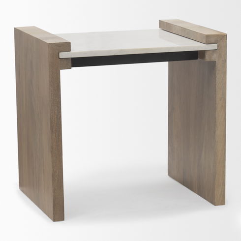 Athens Light Brown Wood with White Marble Accent Table