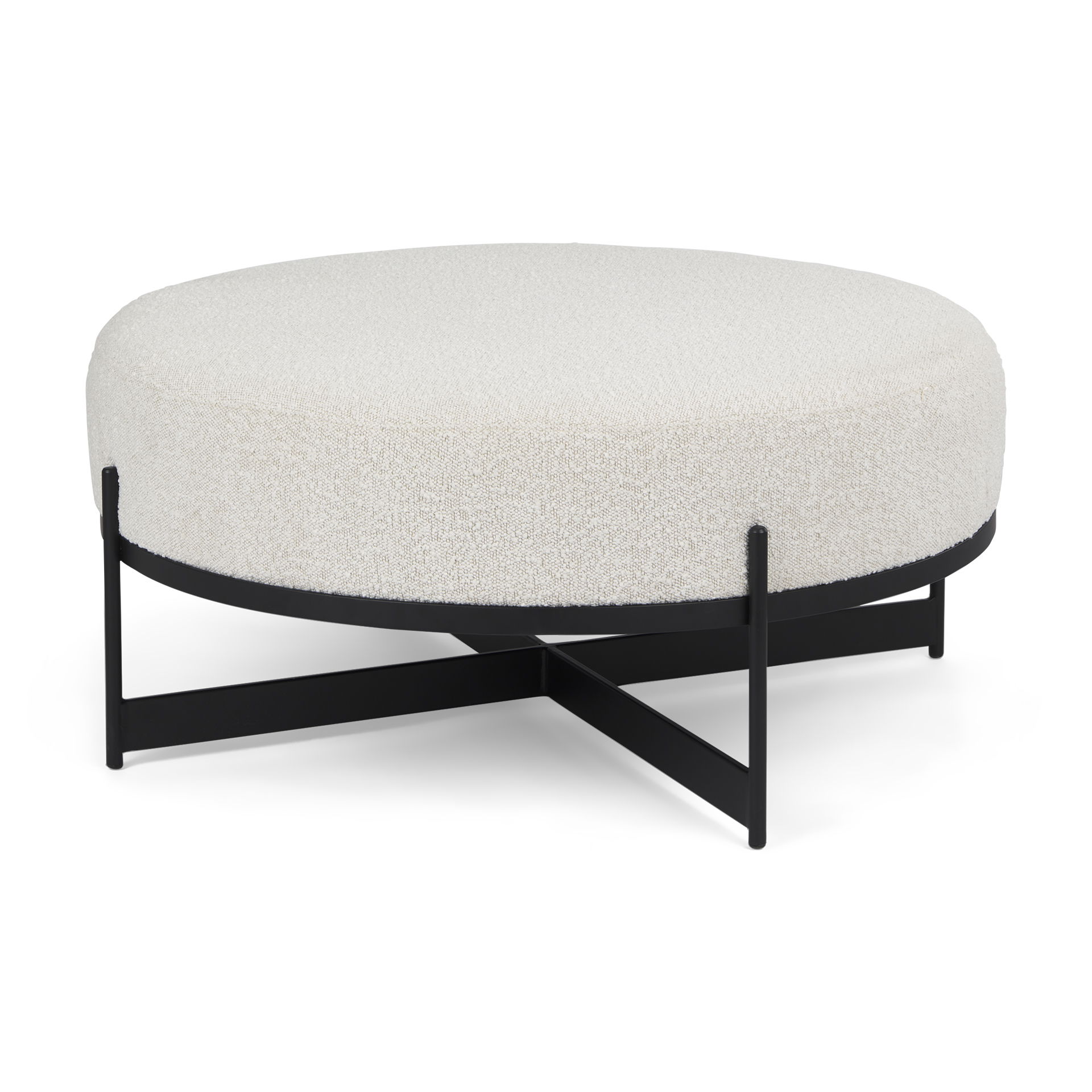 Amelia  Cream Boucle with Black Metal Upholstered Ottoman, by Mercana, 35.83" length x 35.83" width x 17.5" height View 1