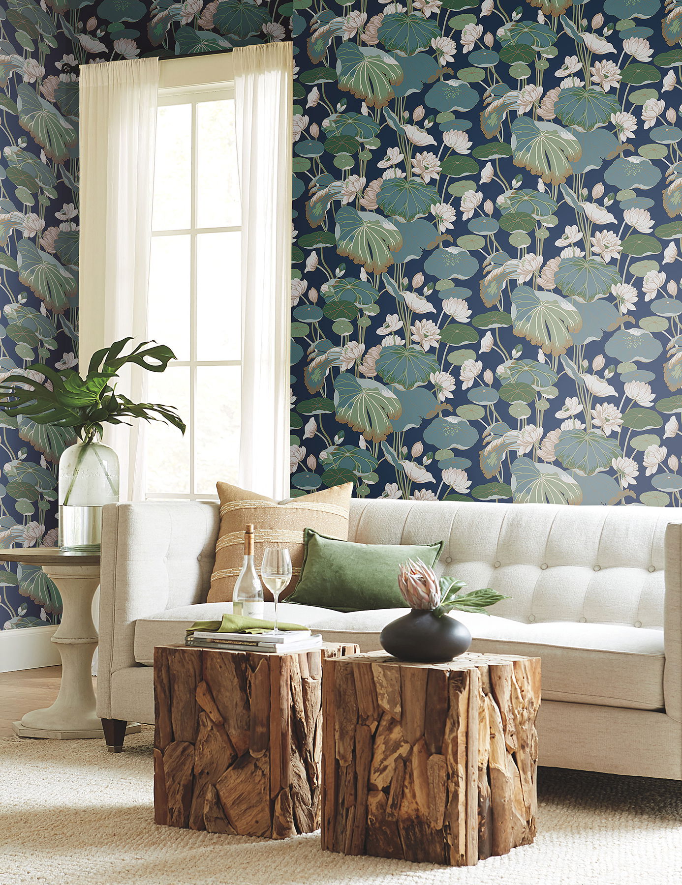 Lotus Pond Navy Metallic Wallpaper large image 