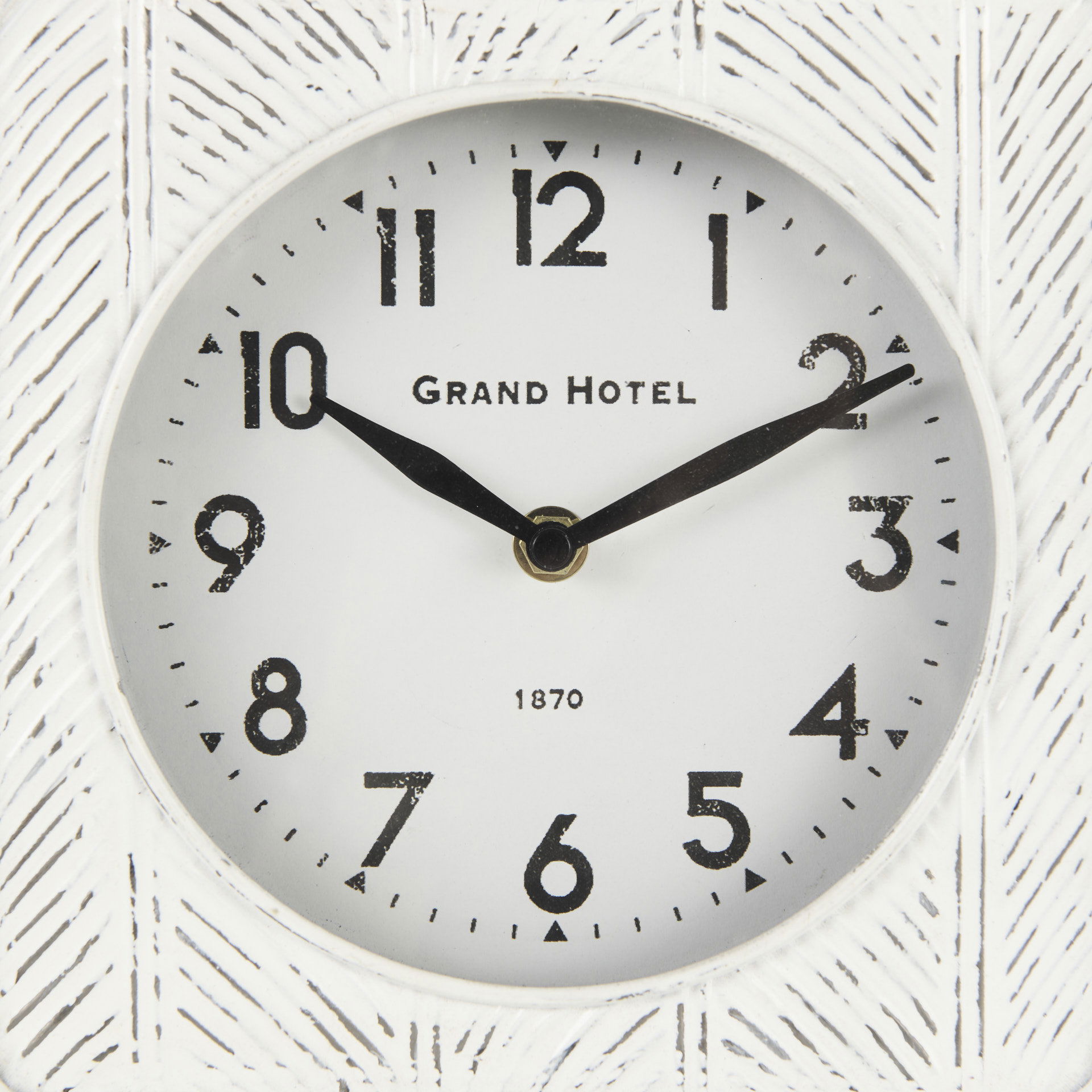 Karl  Rustic White Iron Rounded Square Table Clock, by Mercana, 8" length x 2.75" width x 8.75" height View 8