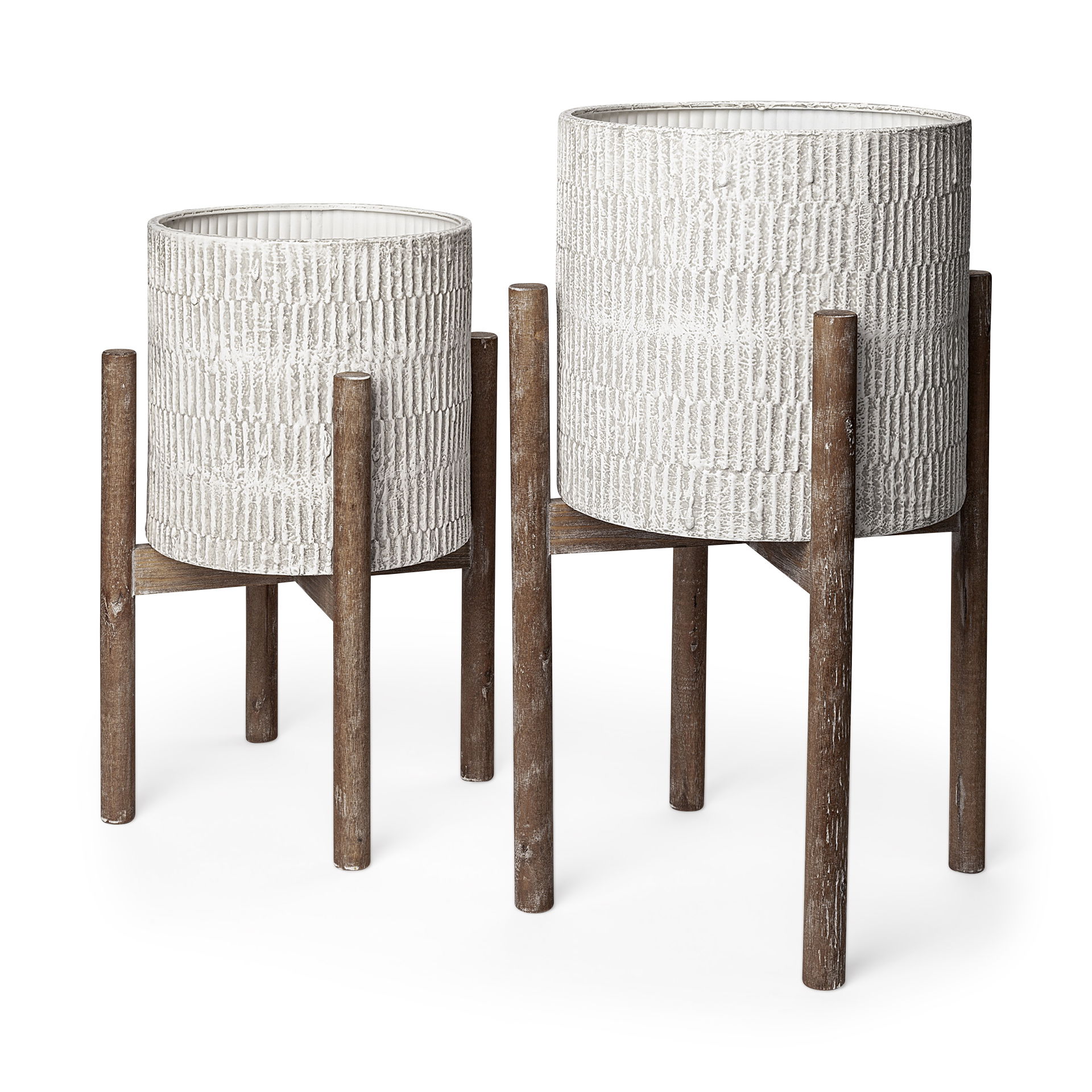 Groot Set of Two 11.8 x 23  Eggshell Ceramic Wooden Base Plant Stands, Planter by Mercana, 15" length x 15" width x 23" height View 1