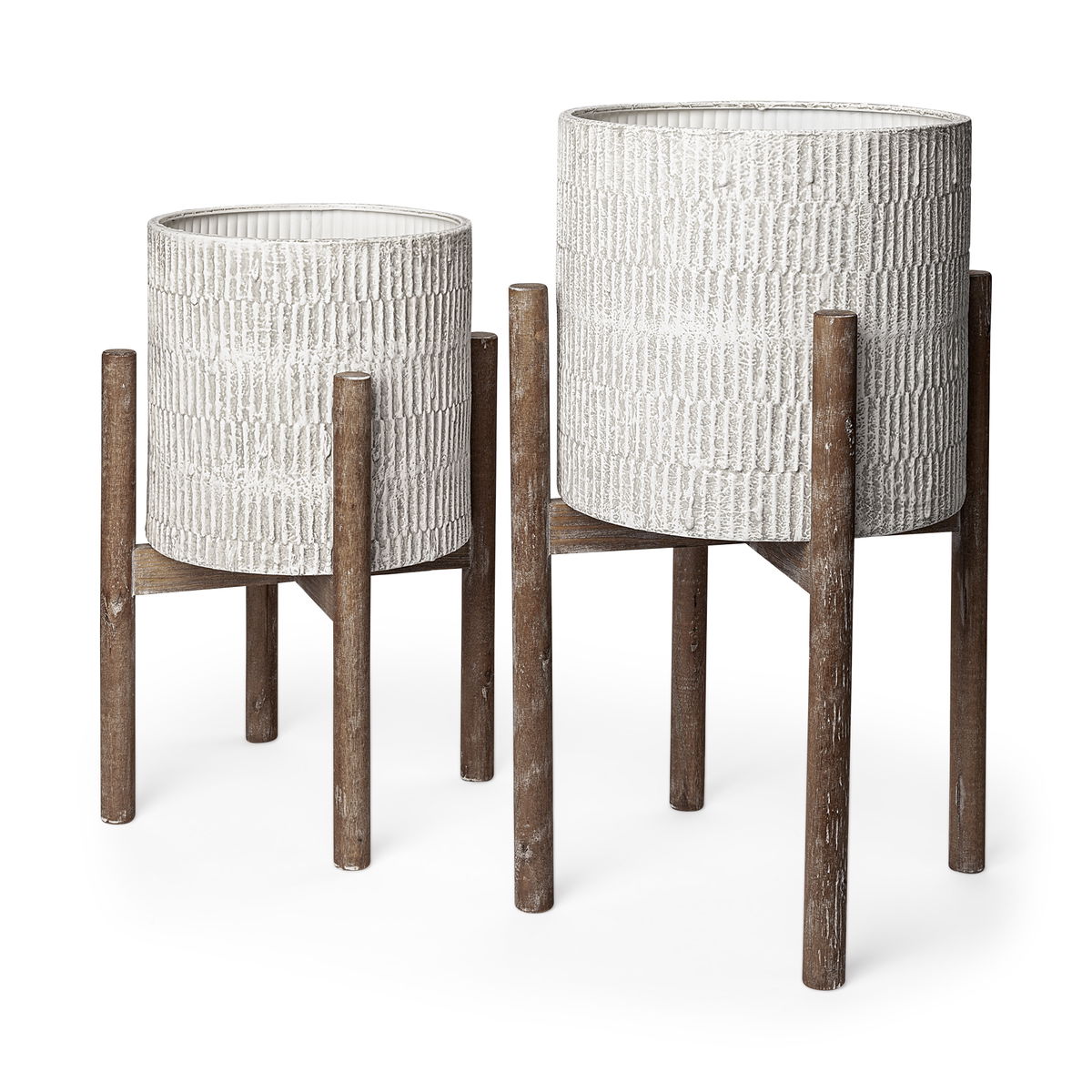 Groot Set of Two 11.8 x 23  Eggshell Ceramic Wooden Base Plant Stands, Planter by Mercana, 15" length x 15" width x 23" height View 1
