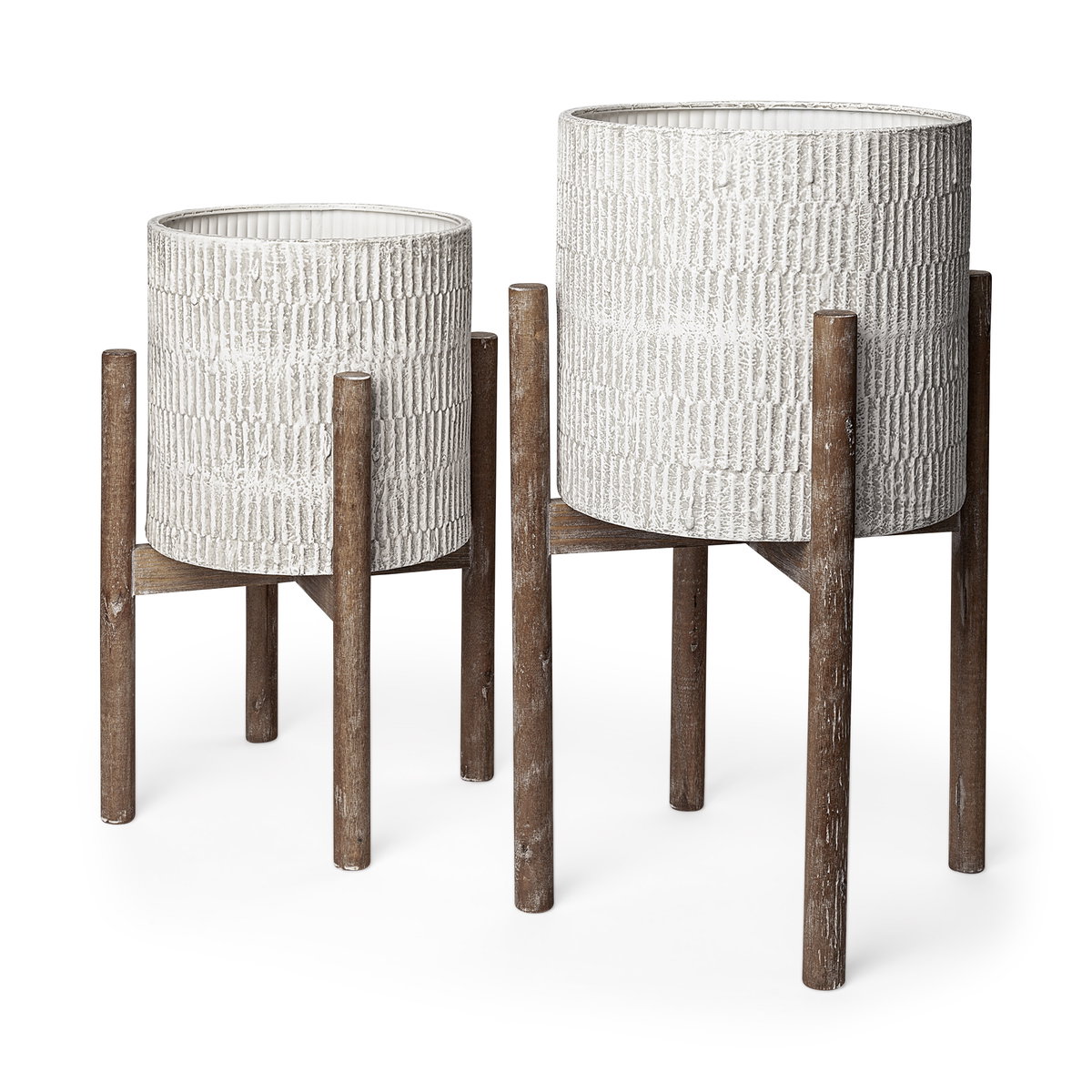 Groot Set of Two 11.8 x 23  Eggshell Ceramic Wooden Base Plant Stands, Planter by Mercana, 15" length x 15" width x 23" height View 1