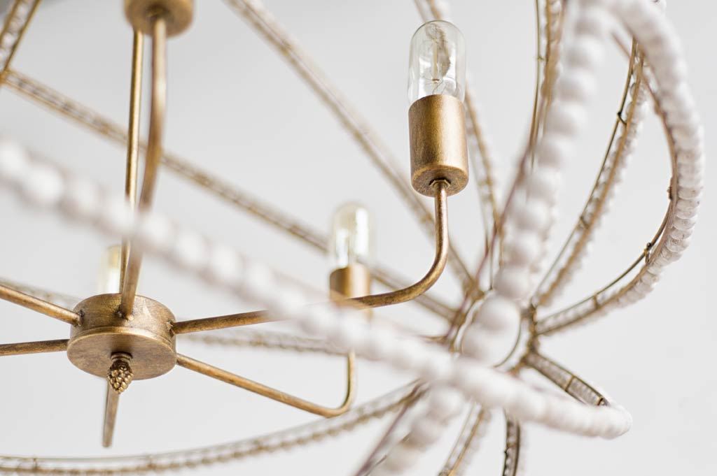 Ava White (34'D) Gold Metal and White Wood Beaded Six Bulb Chandelier, by Mercana, 34" length x 34" width x 34" height View 5