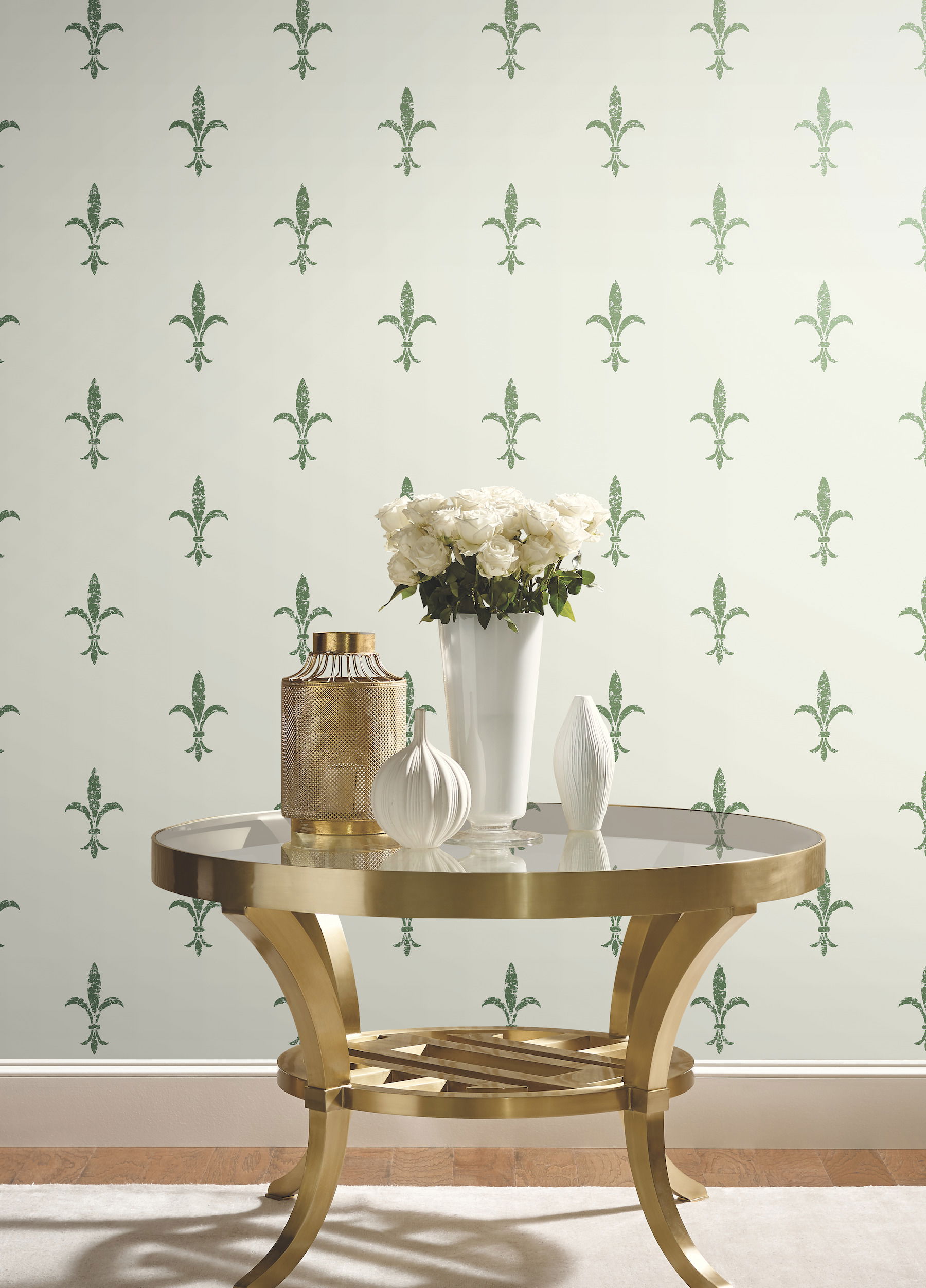 Fleur De Lis White & Green Wallpaper, by York Wall, 27' length x 2'3" width x 0.02" depth View 2