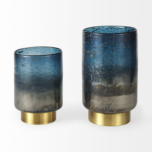 Caspian I Tall Blue Glass Antiqued Brass Bottom Vase
