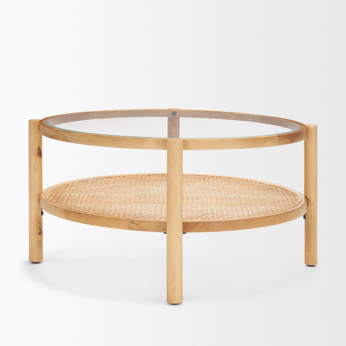 Weslyn Solid Light Brown Wood and Glass Top with Cane Coffee Table, by Mercana, 34.25" length x 34.25" width x 17.25" height View 4