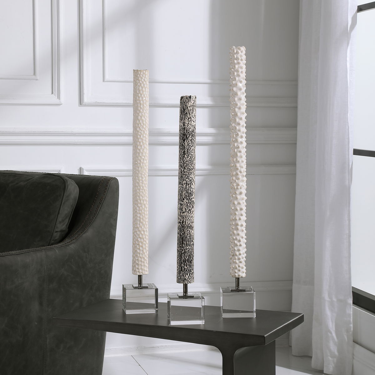 Makira Cylindrical Sculptures Set/3, Figurines & Statue by Uttermost, 3.5" width x 28.75" height x 3.5" depth View 2