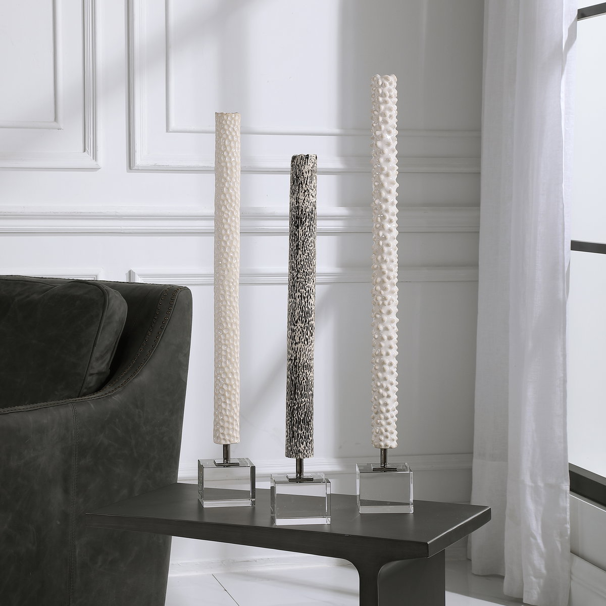 Makira Cylindrical Sculptures Set/3, Figurines & Statue by Uttermost, 3.5" width x 28.75" height x 3.5" depth View 2