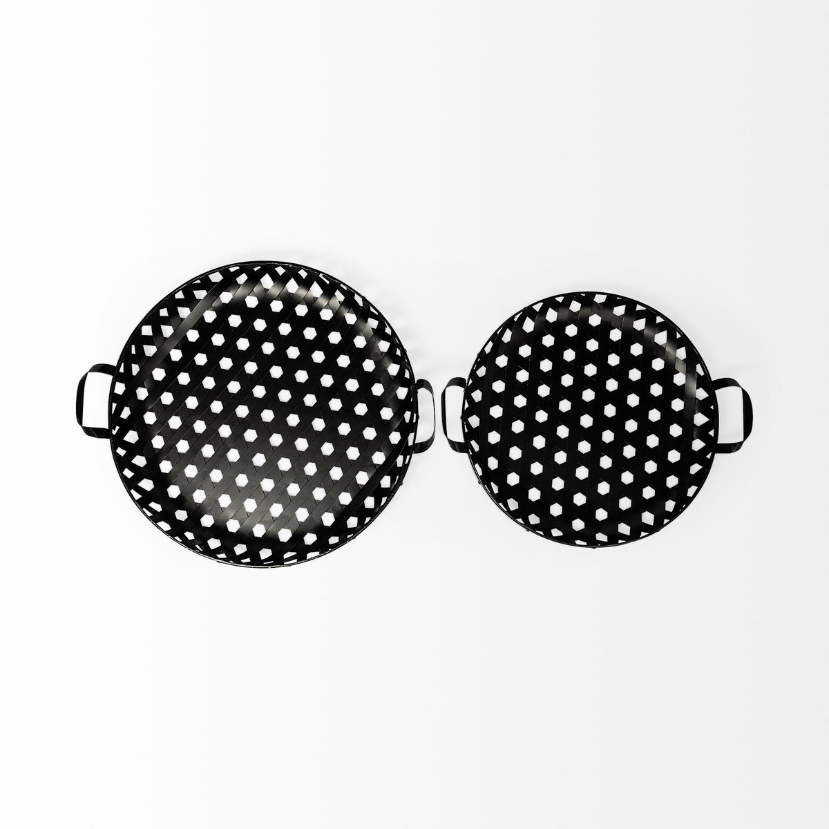 Lito (Set of 2) Black Woven Metal Round Serving Trays, Decorative Tray by Mercana, 26.77" length x 23.82" width x 5.51" height View 5