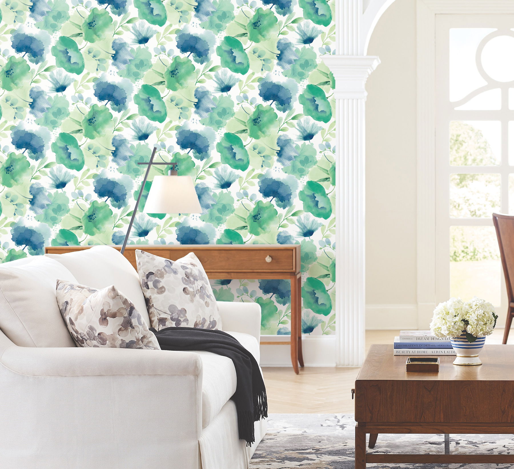Watercolor Bouquet Blue & Green Wallpaper large image 