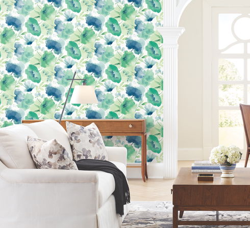 Watercolor Bouquet Blue & Green Wallpaper