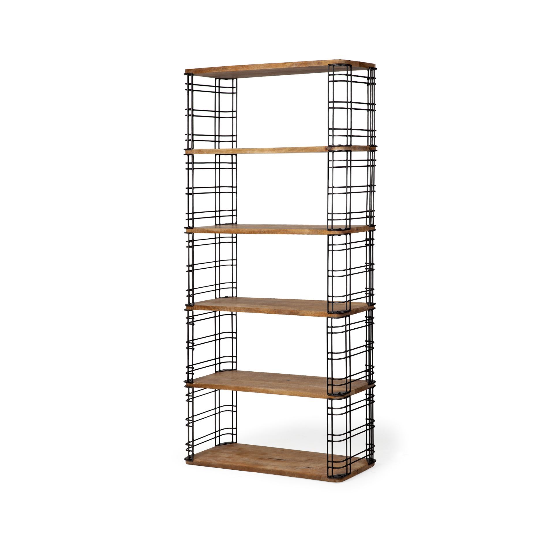 Bradie I 40L x 12W x 79H Brown Wood and Metal Frame Six Shelf Shelving Unit, Shelving & Bookcase by Mercana, 39.5" length x 11.5" width x 79" height View 1