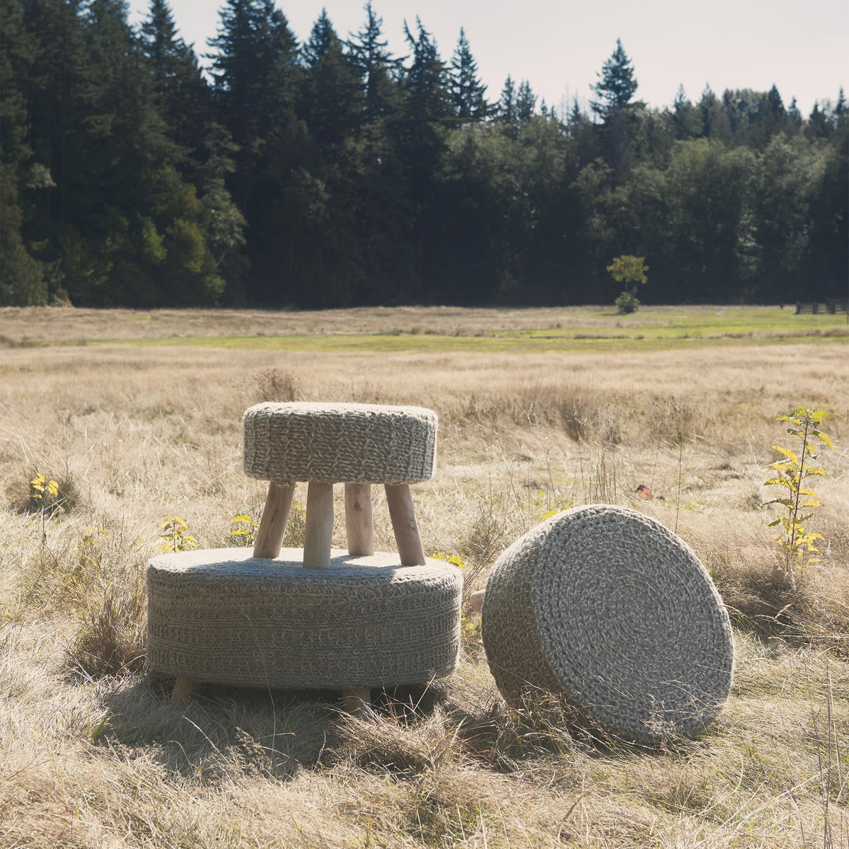 Bina  Taupe 4 Legged Wool Stool, Ottoman by Mercana, 19" length x 19" width x 15" height View 2