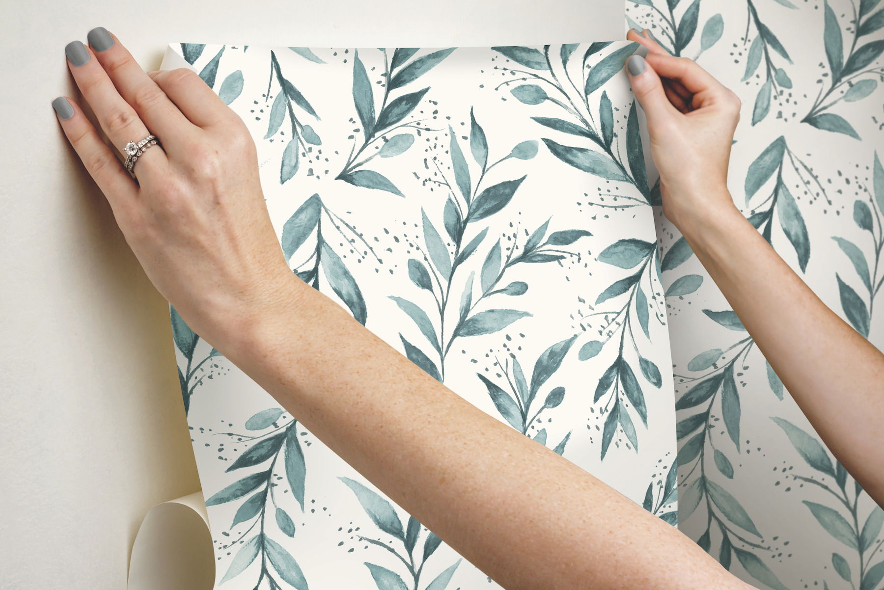Magnolia Home Olive Branch Teal Peel & Stick Wallpaper large image 