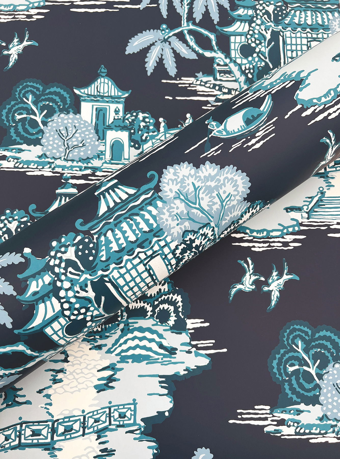 Pagoda And Sampan Scenic Navy Wallpaper large image 