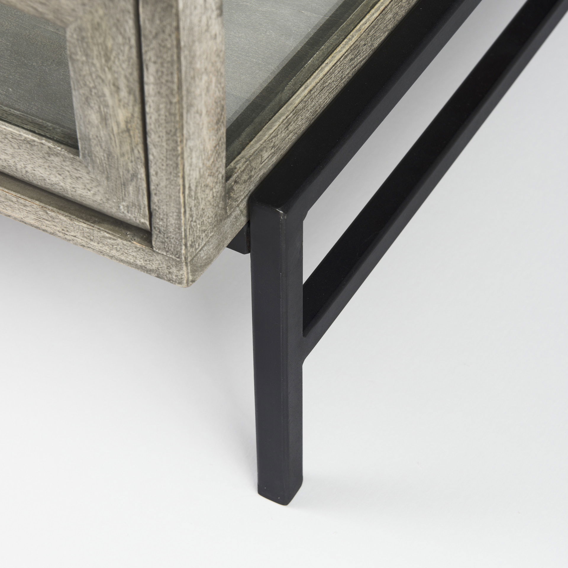 Arelius 42' Square Glass-Top Gray Wood with Black Metal Base Display Coffee Table, by Mercana, 43.5" length x 42" width x 15" height View 12