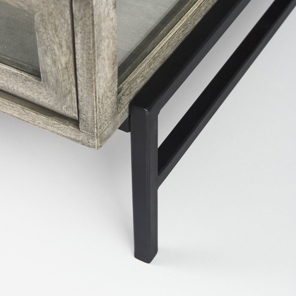 Arelius 42' Square Glass-Top Gray Wood with Black Metal Base Display Coffee Table, by Mercana, 43.5" length x 42" width x 15" height View 12