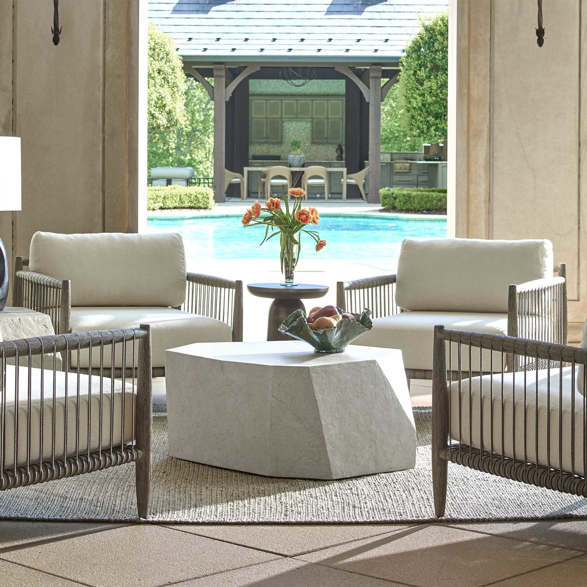 Parra Limestone Outdoor Coffee Table, Outdoor Table by Uttermost, 3'2" width x 1'3" height x 2'4" depth View 2