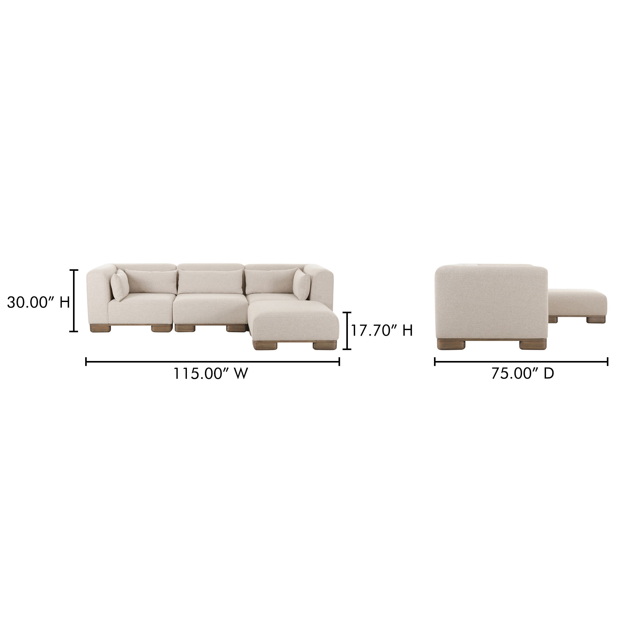 June Lounge Modular Sectional Oatmeal, Sectional Sofa by Moe's Home, 115" width x 30" height x 75" depth View 10