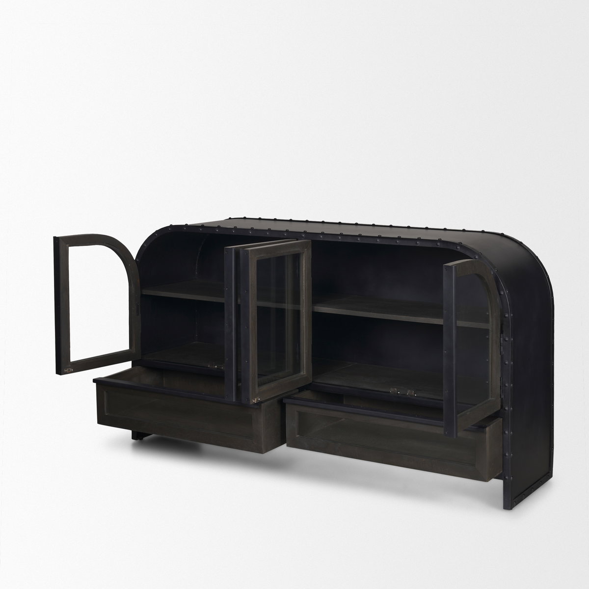 Gehry I 62.3x16.5 Black Metal Frame with Wood Accent 4 Cabinet Door Two Drawer Sideboard, Sideboards & Buffet by Mercana, 62.25" length x 16.5" width x 33.25" height View 7