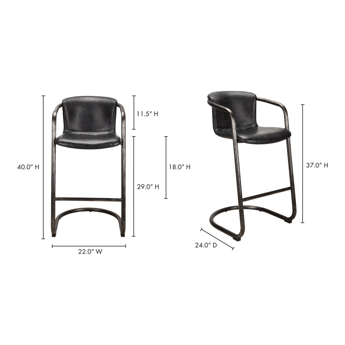 Freeman Barstool Onyx Black Leather - Set Of Two, Counter & Bar Stool by Moe's Home, 22" width x 40" height x 24" depth View 8