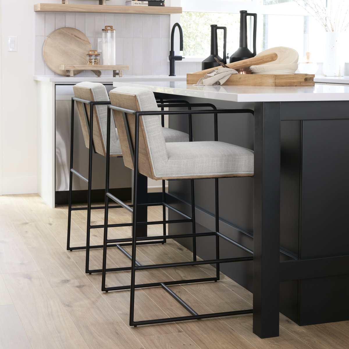 Stamford Backless 36.5in Seat Counter Stool | Beige Fabric with Metal, Counter & Bar Stool by Mercana, 18.7" length x 22.6" width x 36.5" height View 2