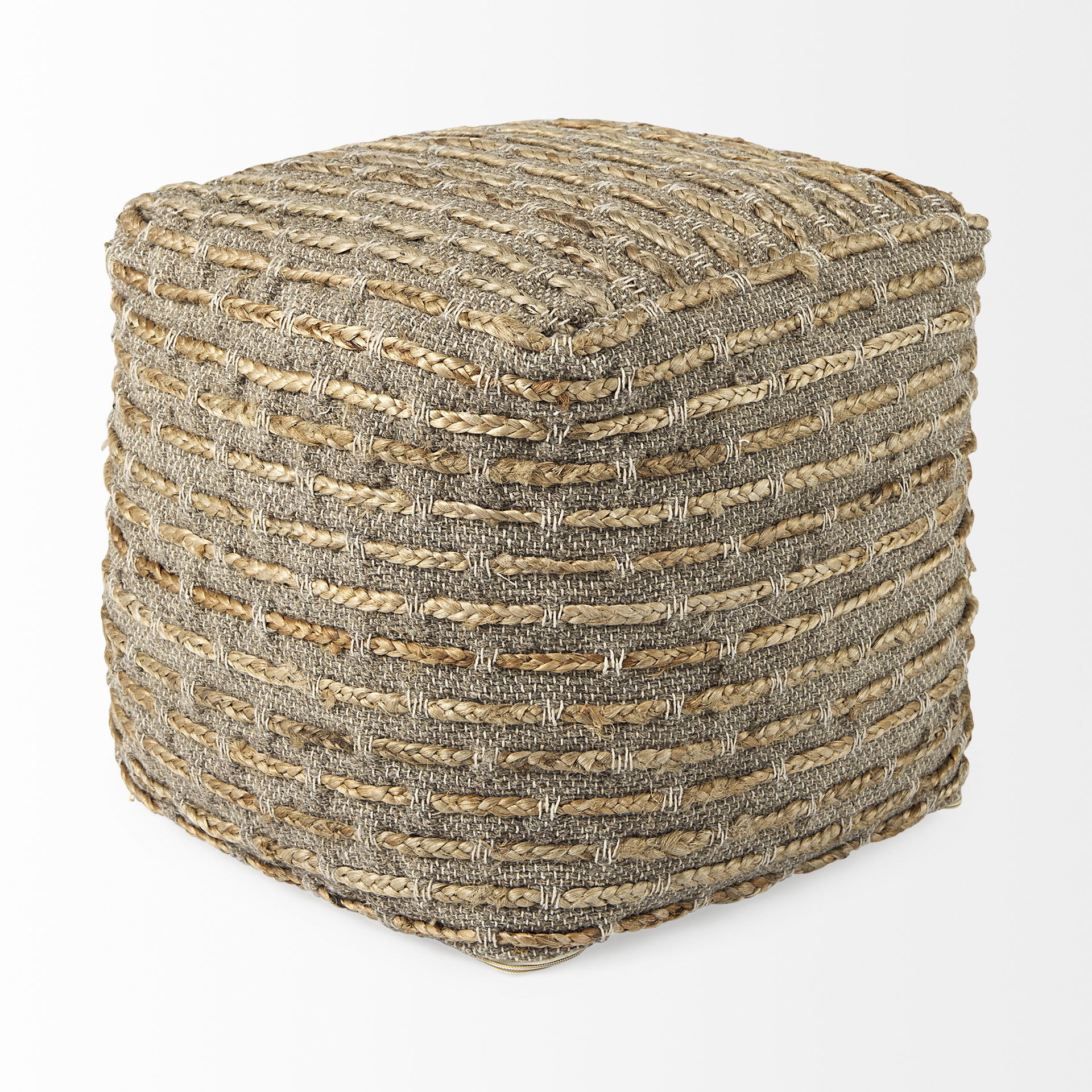 Binita    Gray/Brown Hemp Wool and Cotton Pouf, Ottoman by Mercana, 16" length x 16" width x 16" height View 5