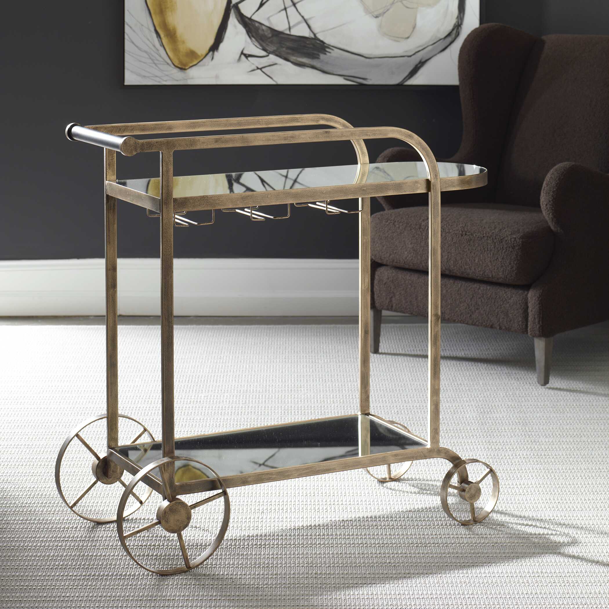 Carrinho Antique Brass Bar Cart, Furniture by Uttermost, 38.25" width x 36.25" height x 16.25" depth View 4
