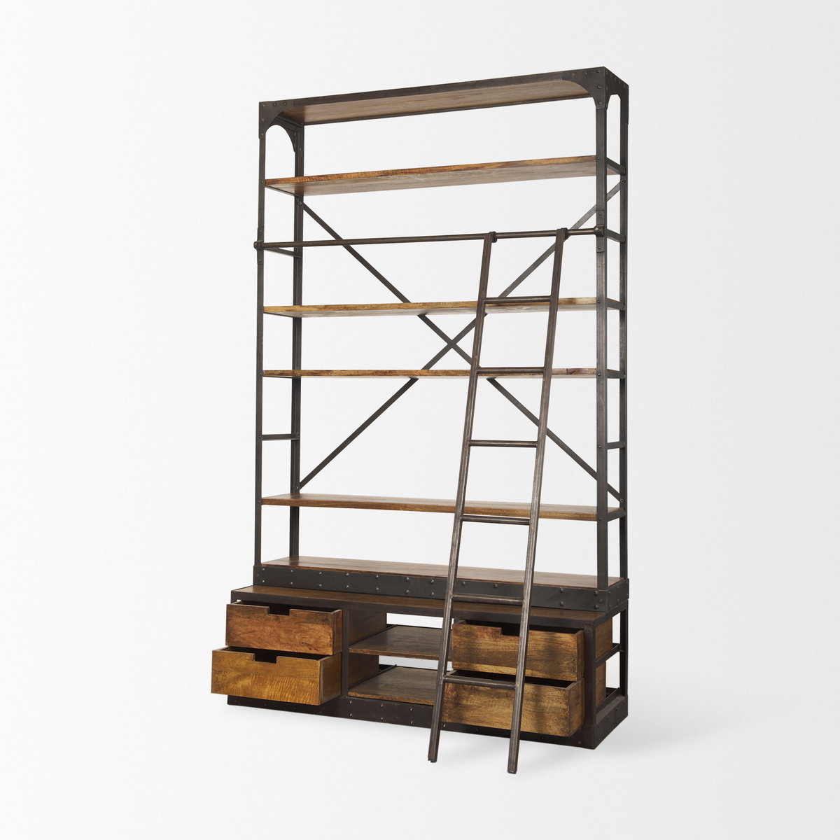 Brodie II Medium Brown Wood Black Ladder Four Shelf Shelving Unit 57L x 20.5W x94H, Shelving & Bookcase by Mercana, 57" length x 19.5" width x 94" height View 8