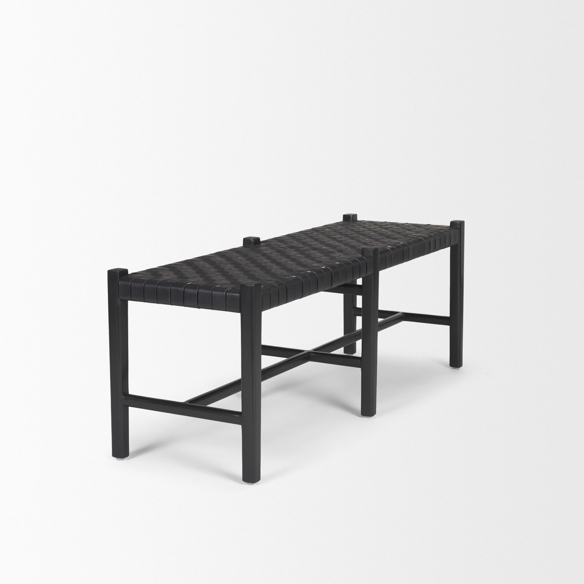 Shane Black Wood with Woven Black Leather Bench, Benche by Mercana, 52" length x 16.5" width x 18.75" height View 7