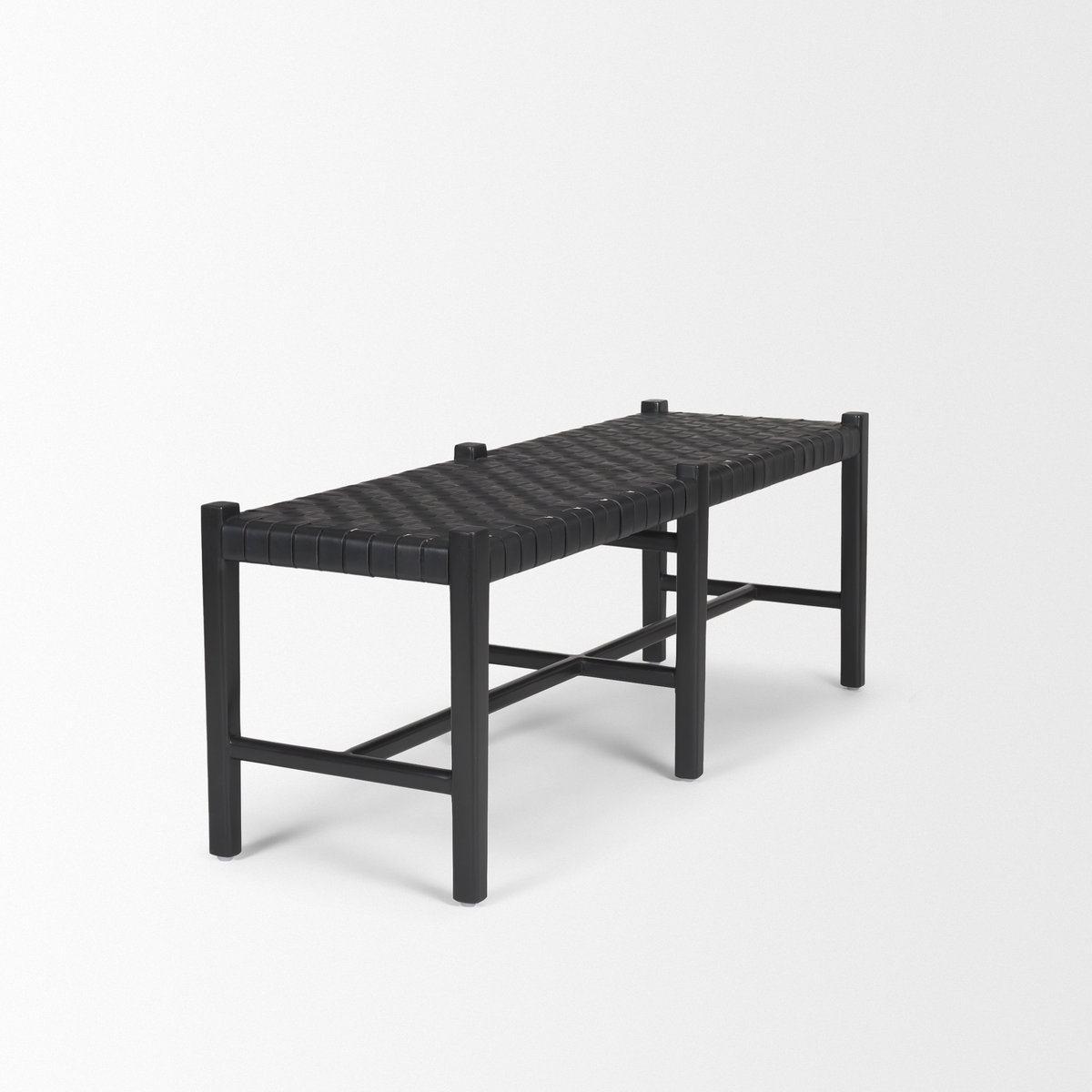 Shane Black Wood with Woven Black Leather Bench, Benche by Mercana, 52" length x 16.5" width x 18.75" height View 7
