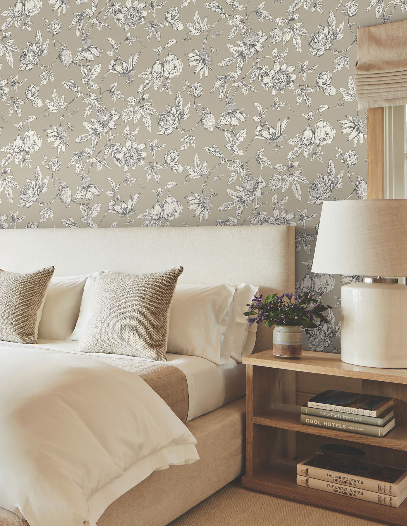 Passion Flower Toile Linen Wallpaper, by York Wall, 27' length x 2'3" width x 0.02" depth View 2
